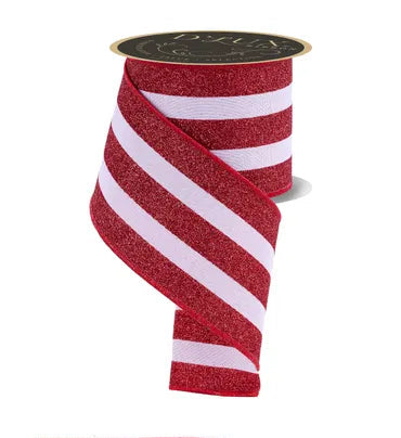 4 Inch By 10 Yard Red And White Vertical Glitter Stripe Fused Ribbon