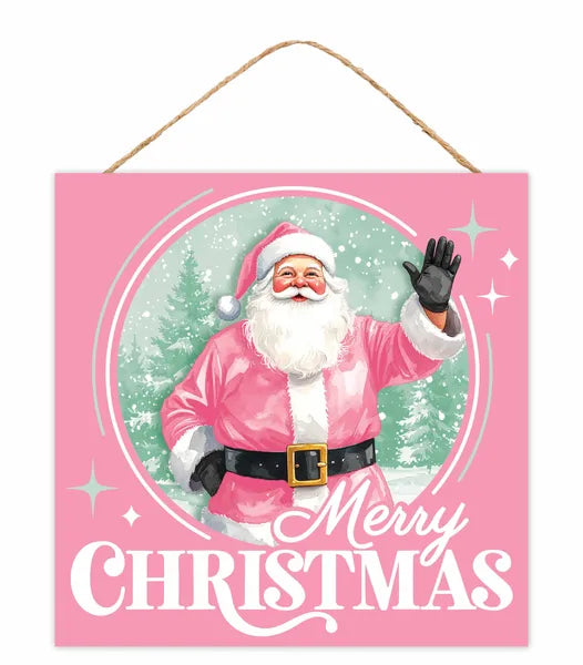 10 Inch Pink Merry Christmas Santa Claus Wood Square Sign