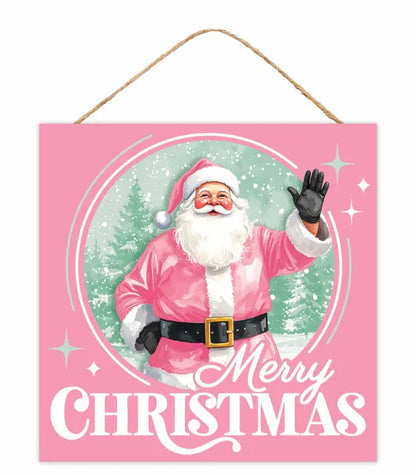 10 Inch Pink Merry Christmas Santa Claus Wood Square Sign