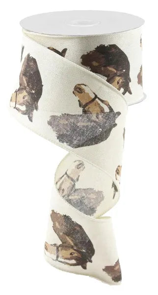 2.5 Inch By 10 Yard Cream And Brown Horse Head On Royal Ribbon