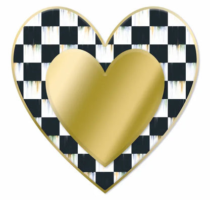 12 Inch Black White Gold Checkered Heart Metal Sign