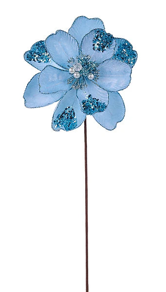 22 Inch Light Blue Glitter Sequin And Bead Magnolia Spray