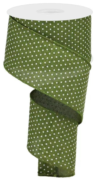 2.5 Inch By 10 Yards Moss Green And White Raised Swiss Dots On Royal Ribbon