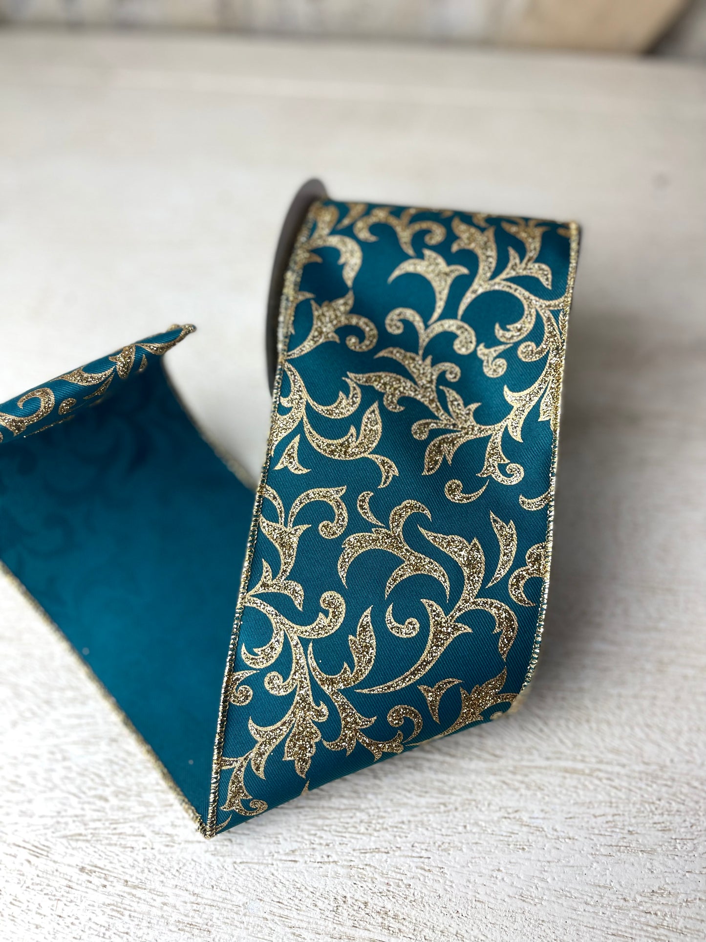 4 Inch By 10 Yard Teal Background With Gold Acanthus Leaf Ribbon