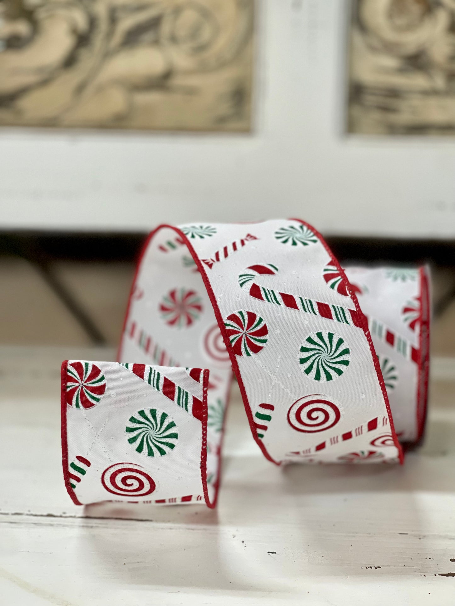 2.5 Inch By 10 Yard Red And Green Candy Cane And Peppermint Ribbon