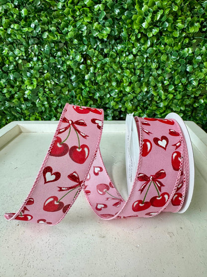 1.5 Inch By 10 Yard Pink Red Cherry Heart Ribbon