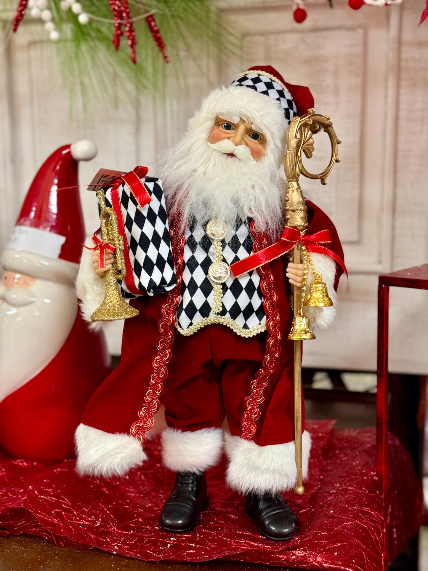 20 Inch Fabric Santa With Diamond Check Jacket