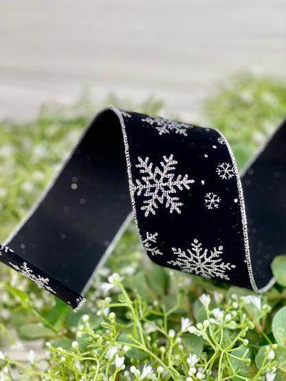 2.5 Inch By 10 Yard Black Background With Silver Glitter Snowflake Ribbon