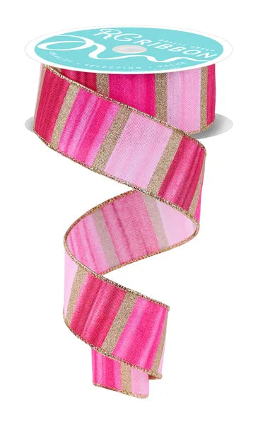 1.5 Inch By 10 Yard Pink Fuchsia Maroon And Gold Watercolor Stripes Ribbon