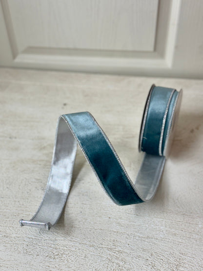 1.5 Inch By 10 Yard Bluish Gray Velvet Ribbon With Silver Satin Backing