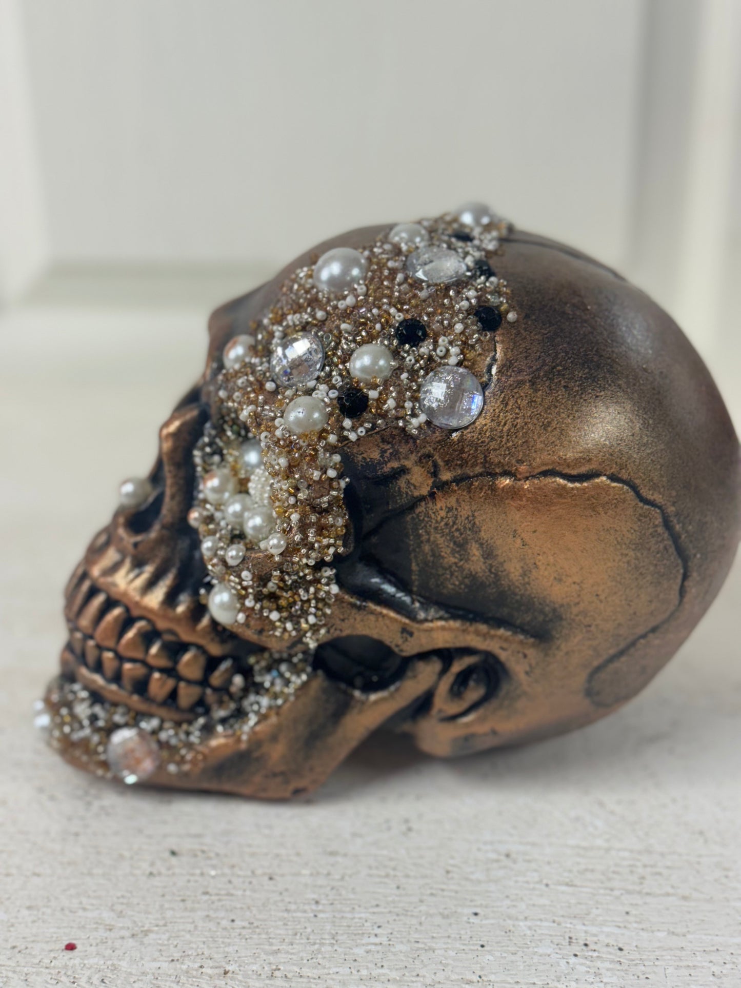 8 Inch Antique Gold Skull With Beads And Glitter