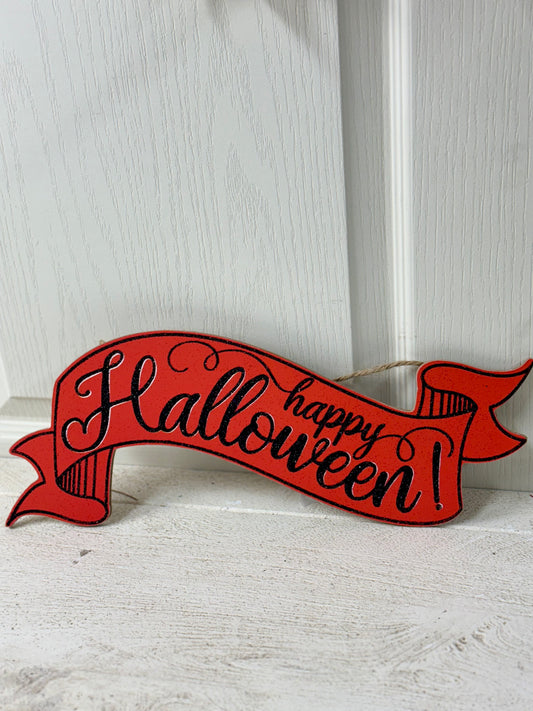 15 Inch Happy Halloween Orange And Black Wooden Banner Sign