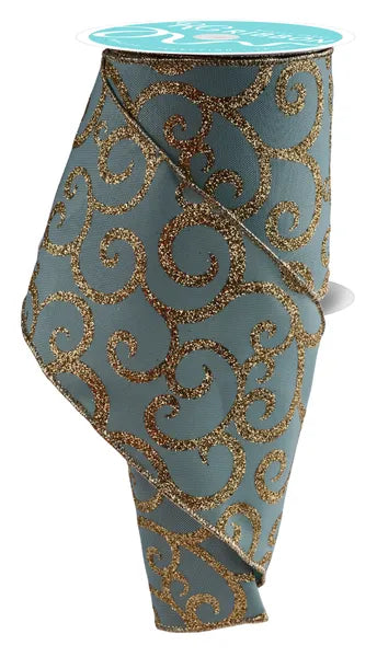 4 Inch By 10 Yard Sage Green And Gold Glitter Swirl Ribbon