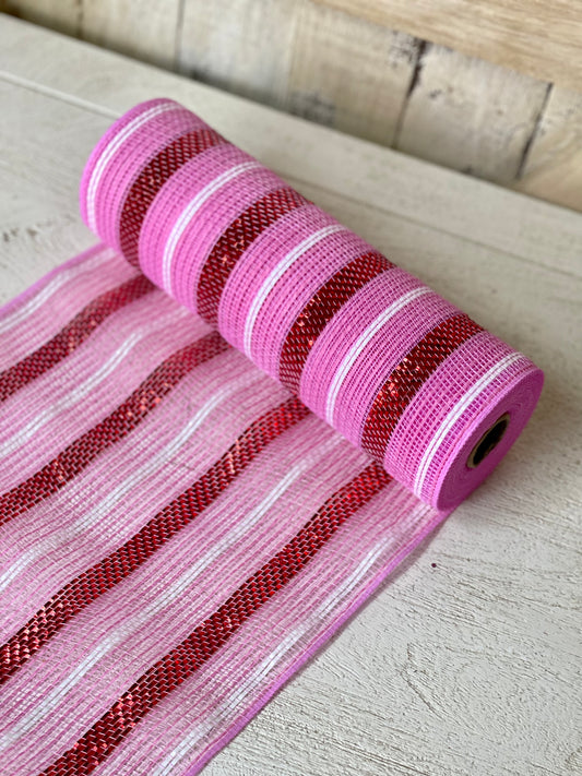 10.25 Inch By 10 Yard Pink Red And White Faux Jute Metallic Mesh