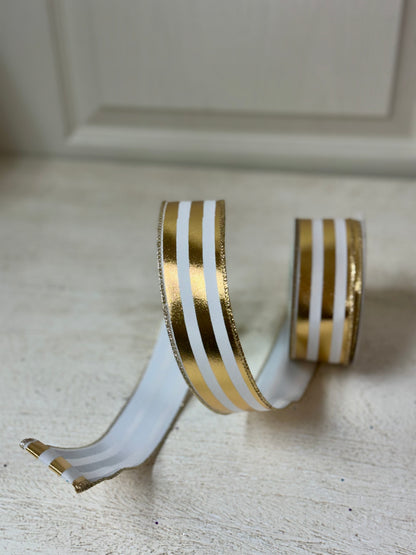 1.5 Inch By 10 Yard White And Gold Vertical Striped Ribbon