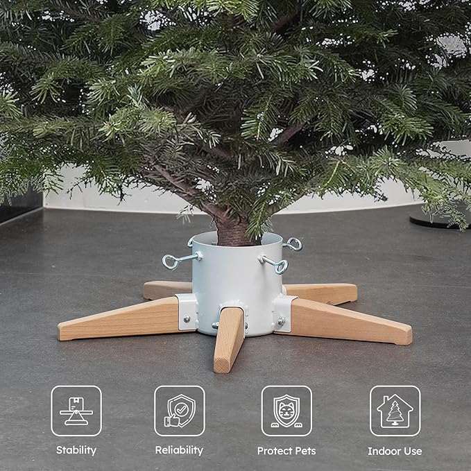 HarcoHome 5-Legged Metal and Beech Hardwood Christmas Tree Stand for Live Tree