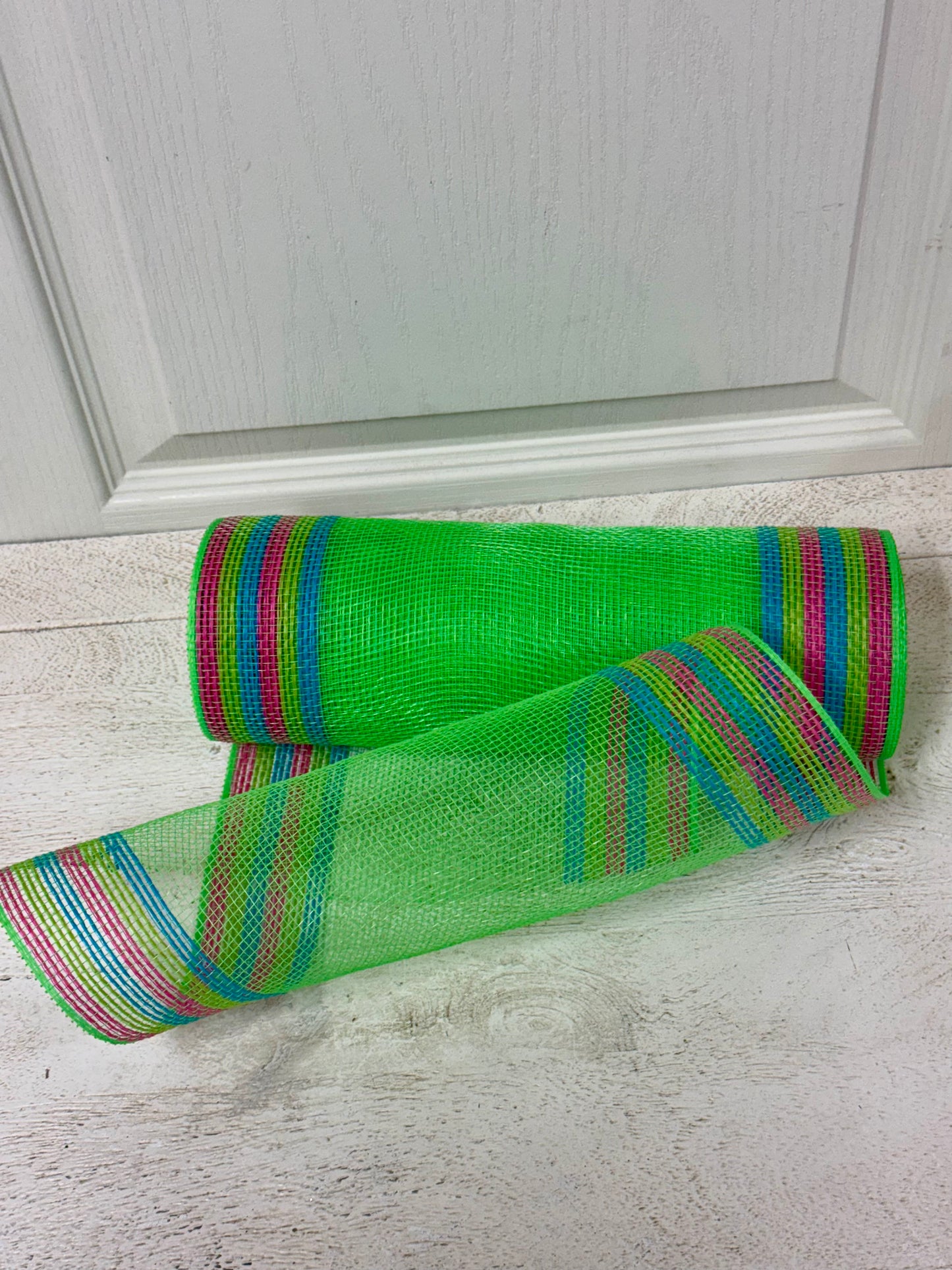 10 Inch By 10 Yard Lime Green Jute With Hot Pink Blue Lime Border Stripe Netting