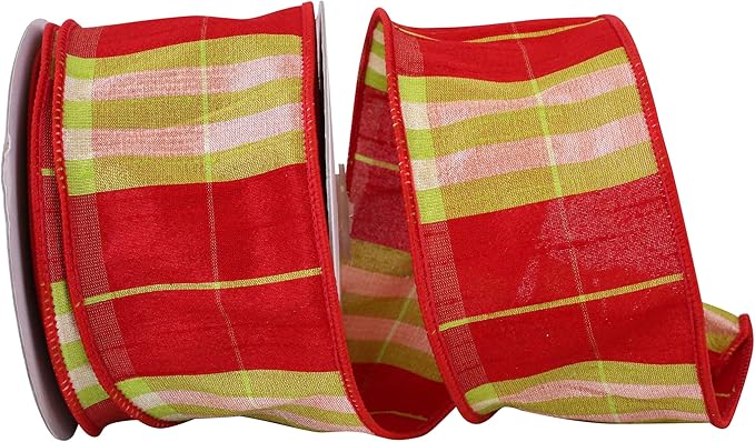 2.5 Inch By 10 Yard Red And Lime Plaid Dupioni Ribbon