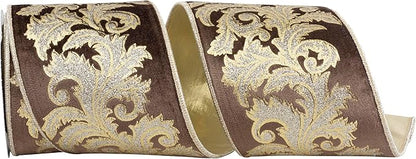 4 Inch By 5 Yard Brown And Champagne Shimmer Velvet Filagree Scroll Leaf Wired Ribbon