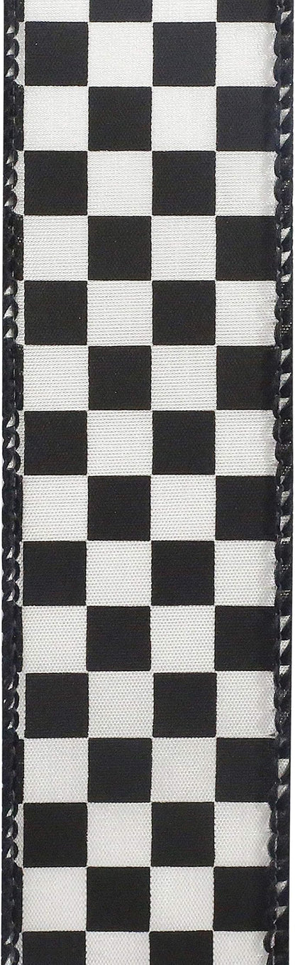 1.5 Inch By 25 Yard Black And White Raceway Check Wired Edge Ribbon