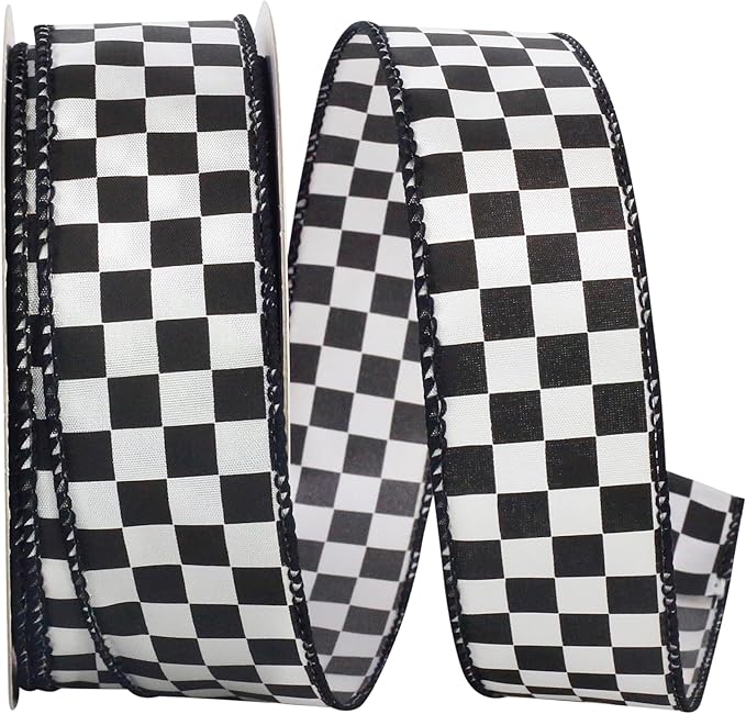 1.5 Inch By 25 Yard Black And White Raceway Check Wired Edge Ribbon