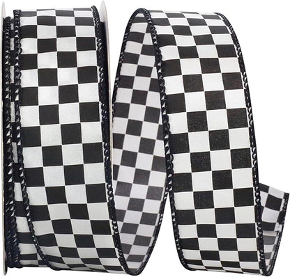 1.5 Inch By 25 Yard Black And White Raceway Check Wired Edge Ribbon