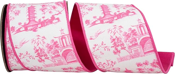 4 Inch By 5 Yard Pink And White Asian Vista Chinoiserie Wired Ribbon