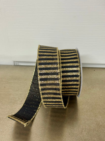 1.5 Inch By 10 Yard Black And Gold Striped Ribbon