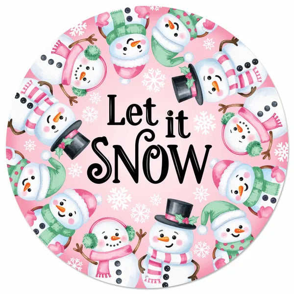 12 Inch Pink White And Mint Let It Snow With Snowmen Metal Sign