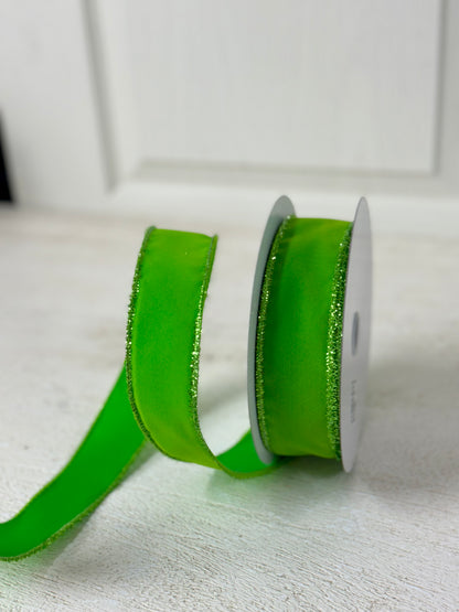 1.5 Inch By 10 Yard Lime Green Velvet Ribbon With Lime Tinsel Trim