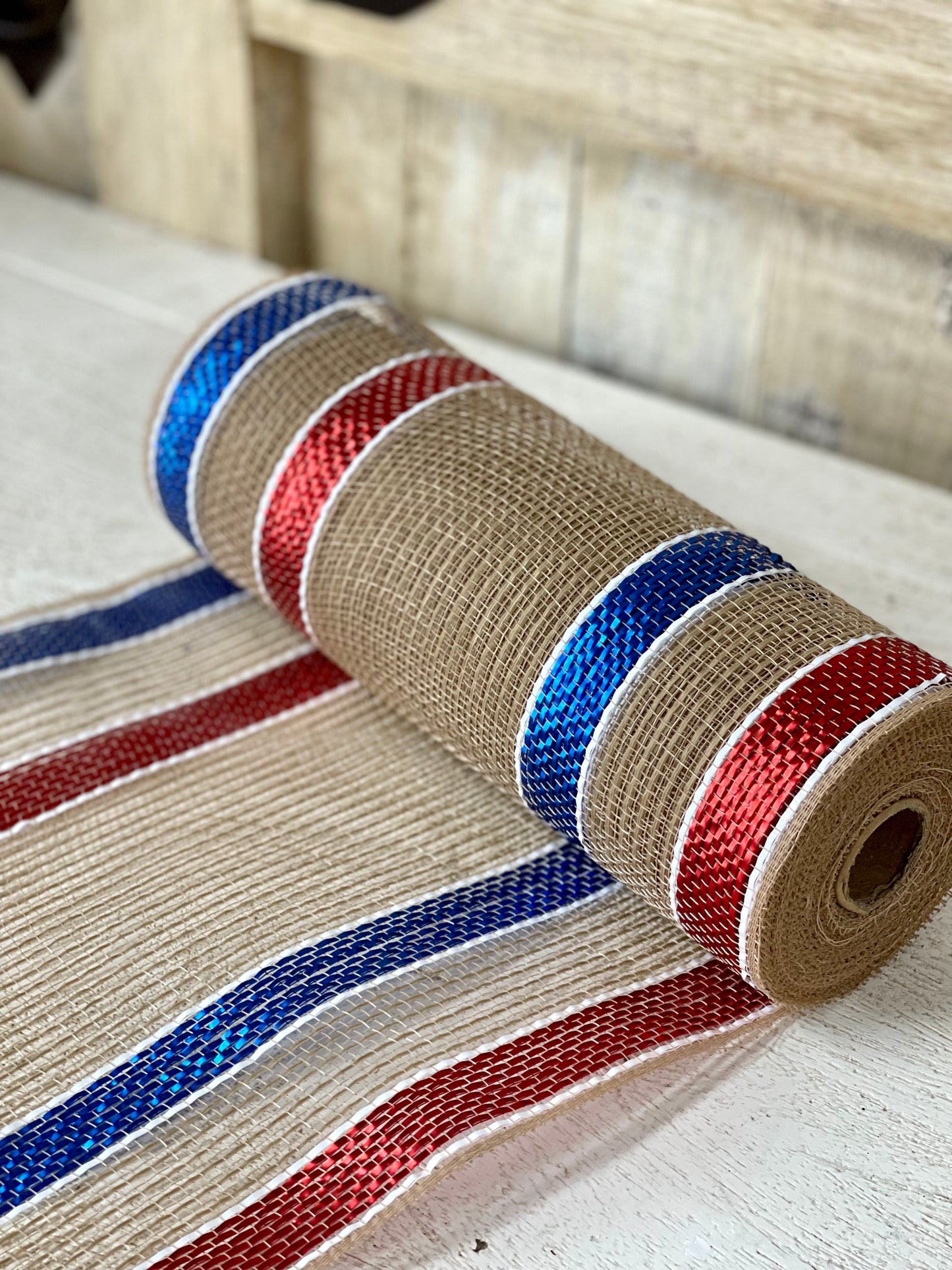 10.25 Inch By 10 Yard Red White Blue And Burlap Stripe Netting