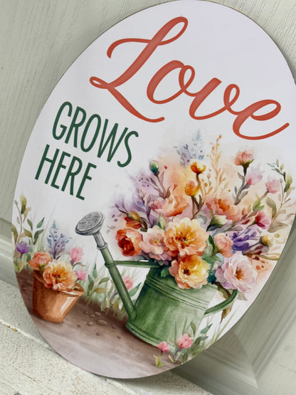 13 Inch Love Grows Here Floral Wreath Sign