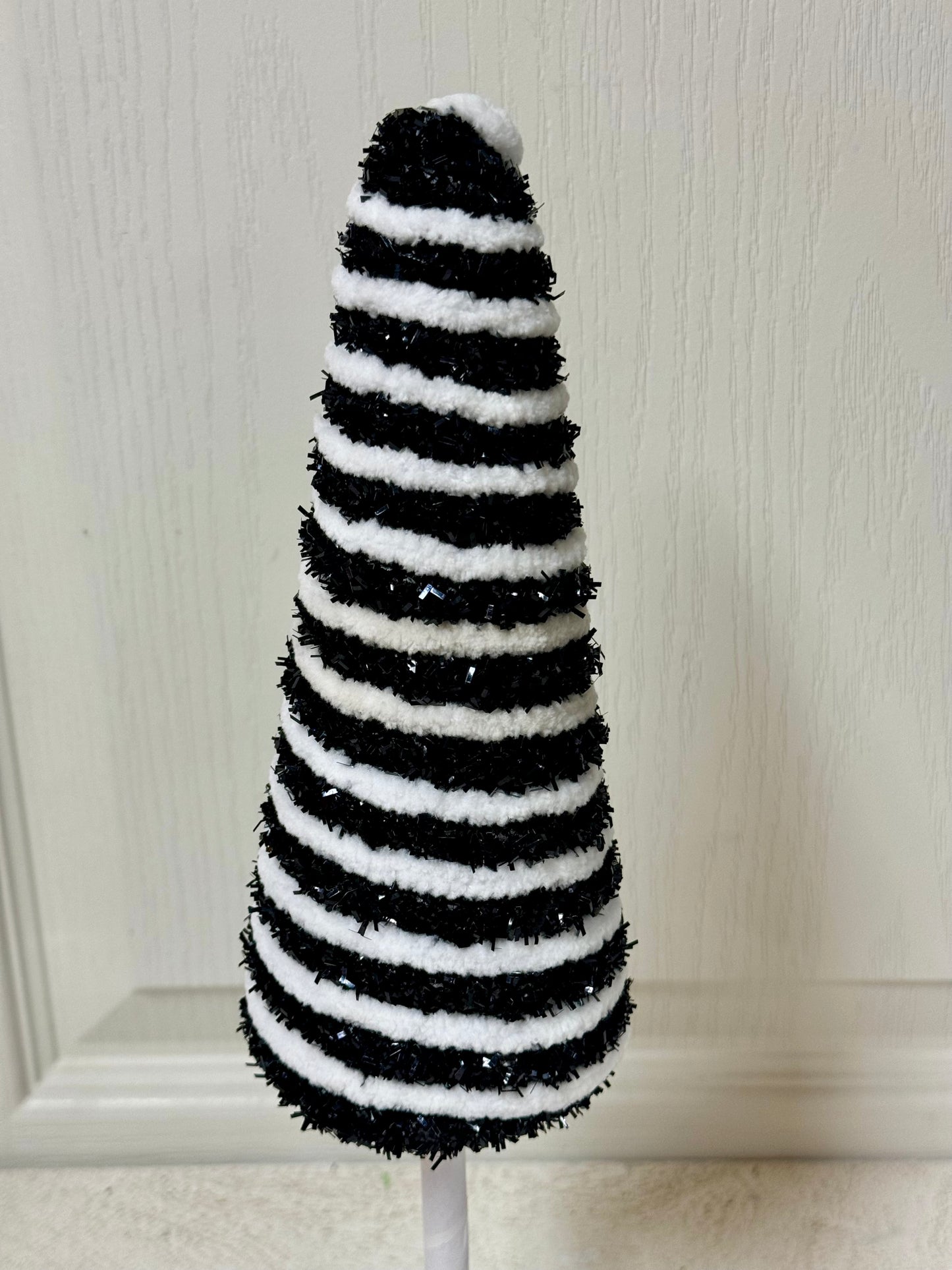 13.25 Inch Black And White Tinsel Glitter Twisted Cone Tree