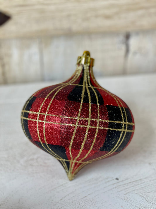 6 Inch Red Black And Gold Plaid Onion Shaped Ornament