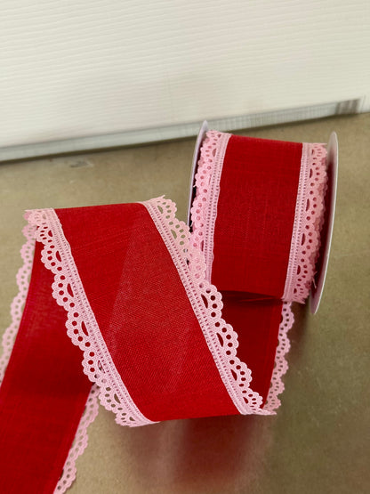 2.5 Inch By 10 Yard Red And Pink Lace Edge Royal Burlap Ribbon