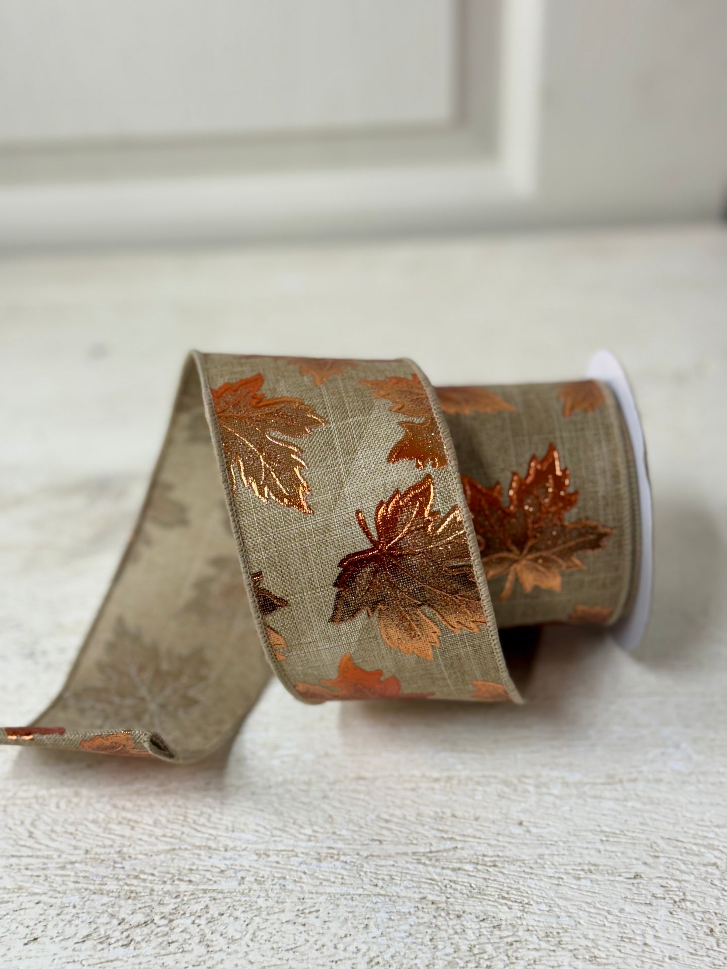 2.5 Inch By 10 Yard Beige With Copper Maple Leaves Ribbon