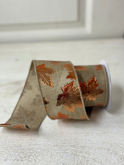 2.5 Inch By 10 Yard Beige With Copper Maple Leaves Ribbon