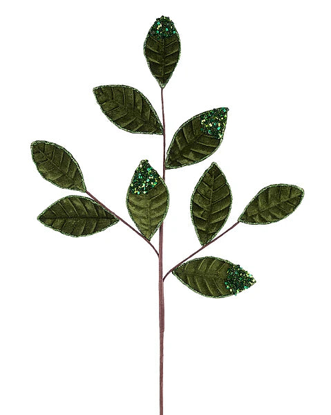 27 Inch Moss Green Velvet And Glitter Magnolia Leaf Spray