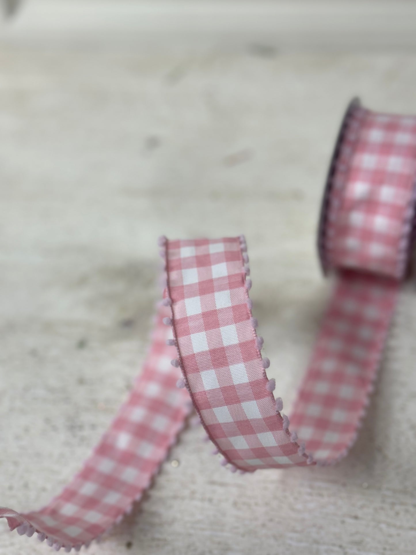 1.5 Inch By 10 Yard Pink And White Check Ribbon With White Pom Pom