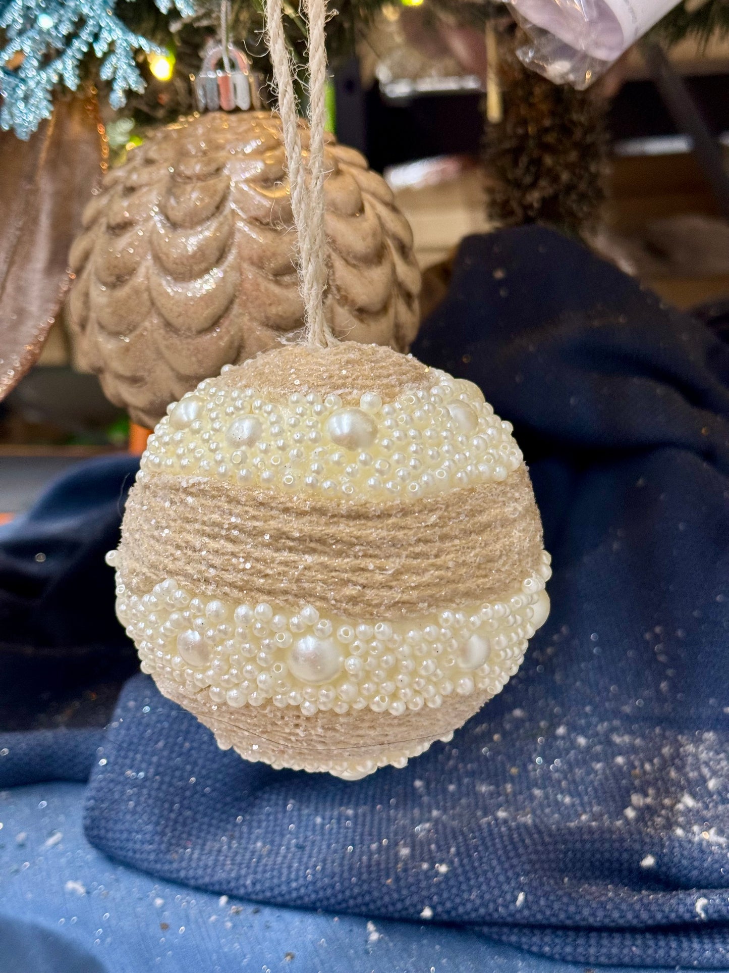 4.25 Inch Cream Glitter Pearl Beaded Ornament Ball