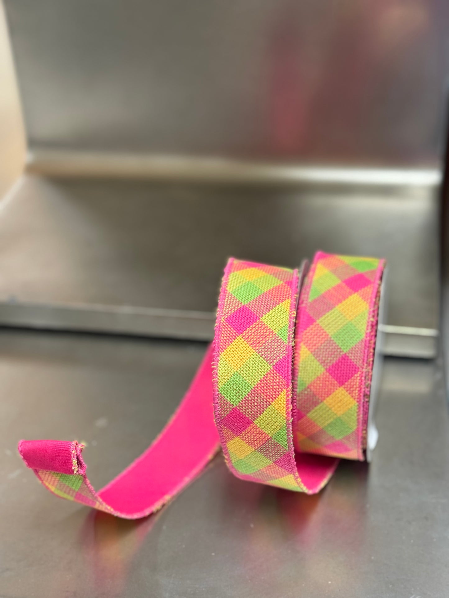 1.5 Inch By 10 Yard Hot Pink Lime And Yellow Woven Check Ribbon