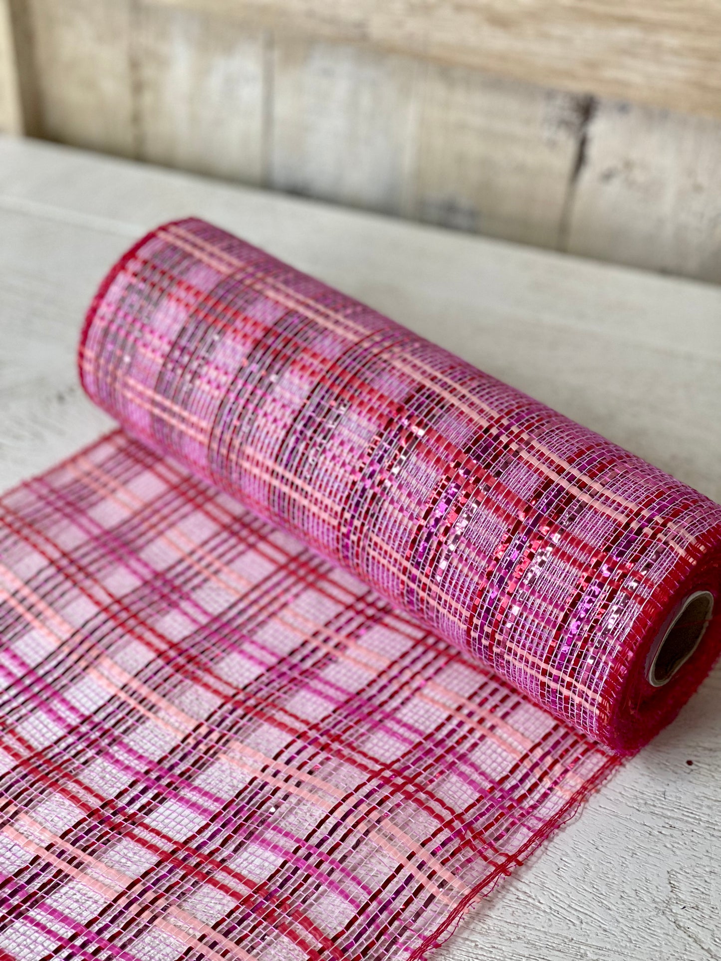 10 Inch By 10 Yard Pink And Red Foil Plaid Mesh