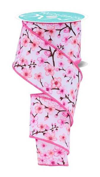 2.5 Inch White Pink And Peach Cherry Blossoms Ribbon
