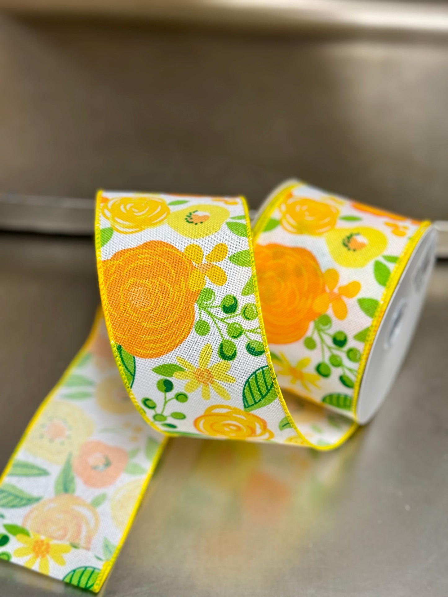 2.5 Inch By 10 Yard Yellow And Orange Bold Bloom Floral Ribbon