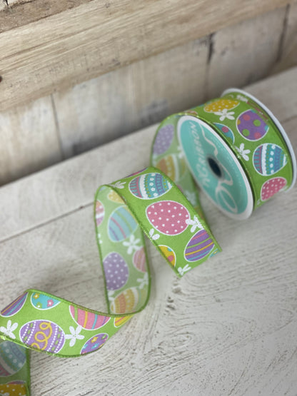 1.5 Inch By 10 Yard Easter Eggs On Green Background Ribbon