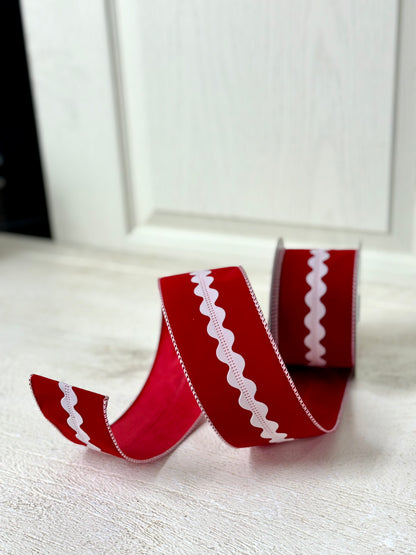 2.5 Inch By 10 Yards Red Velvet With White Rick Rack Stripe Ribbon