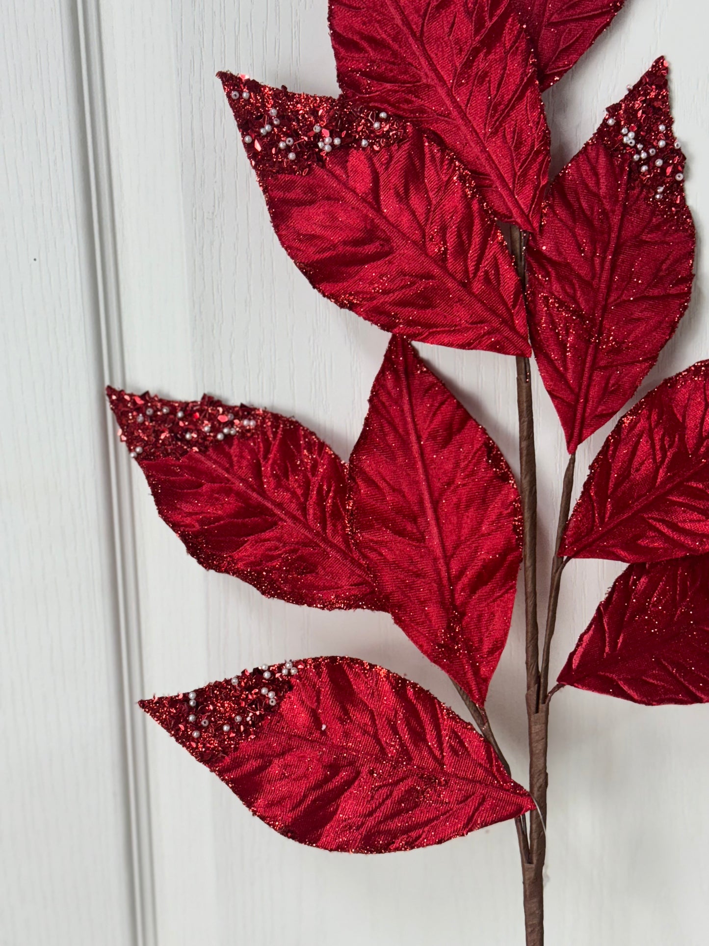 31.5 Inch Red Pressed Velvet Glitter Leaf Spray With Pearls