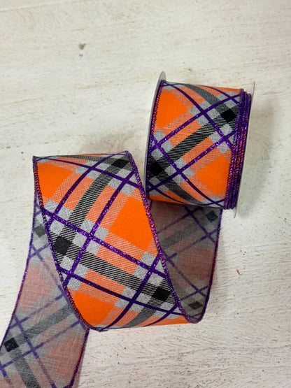 2.5 Inch By 10 Yard Light Grey Purple Orange Diagonal Plaid Ribbon