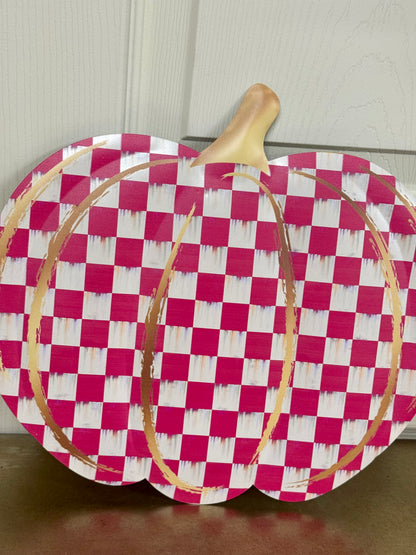 12 Inch Hot Pink White And Gold Check Pumpkin Metal Embossed Wreath Sign