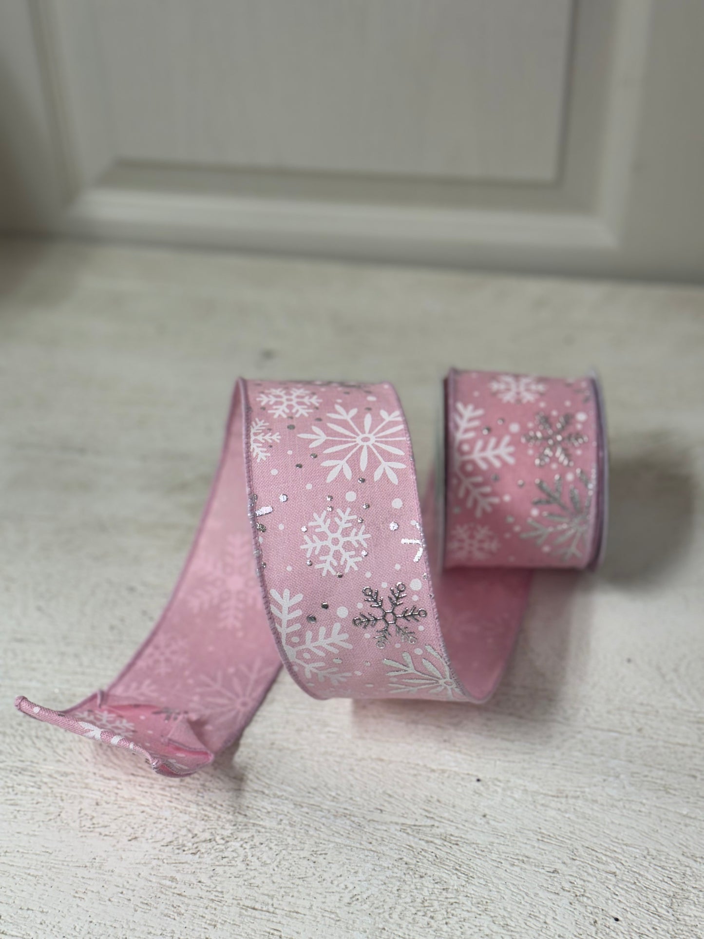 2.5 Inch By 10 Yard Light Pink Background With Snowflakes Ribbon